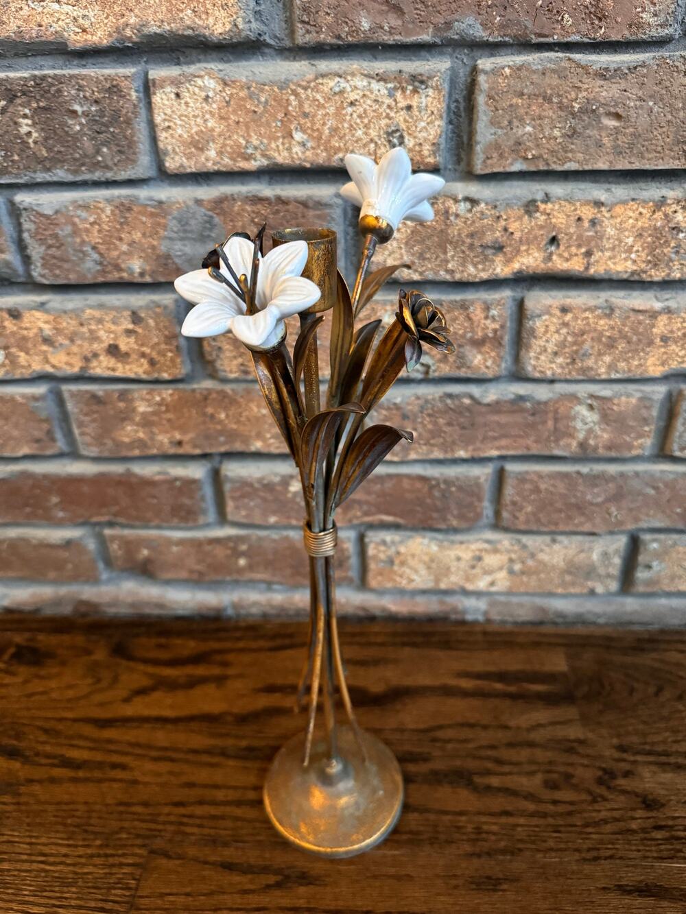 VINTAGE French Ceramic Lilies Bronze Tone Rose Hollywood Regency Candle Holder